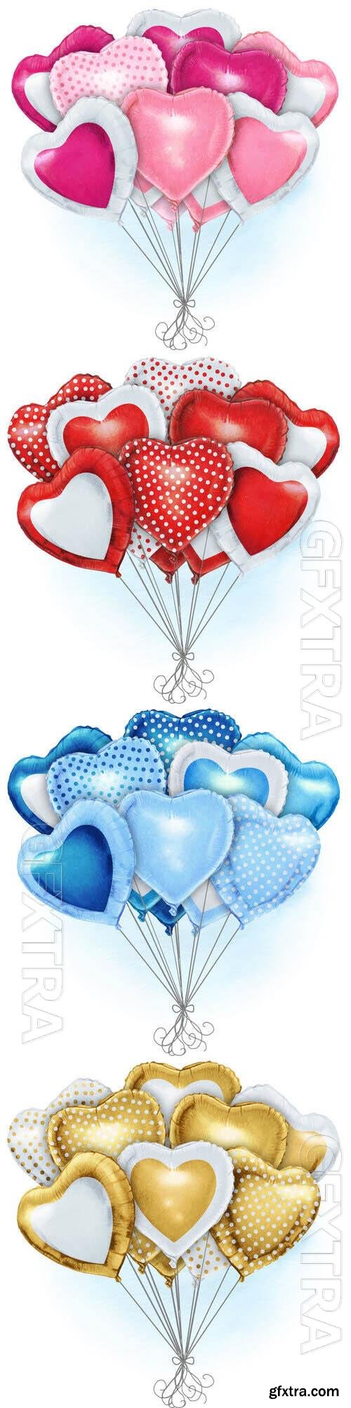 Hand drawn heart shaped realistic ballooons - Watercolor vector illustration