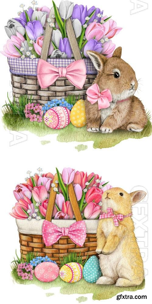 Hand drawn easter bunny with tulip basket - Watercolor vector illustration