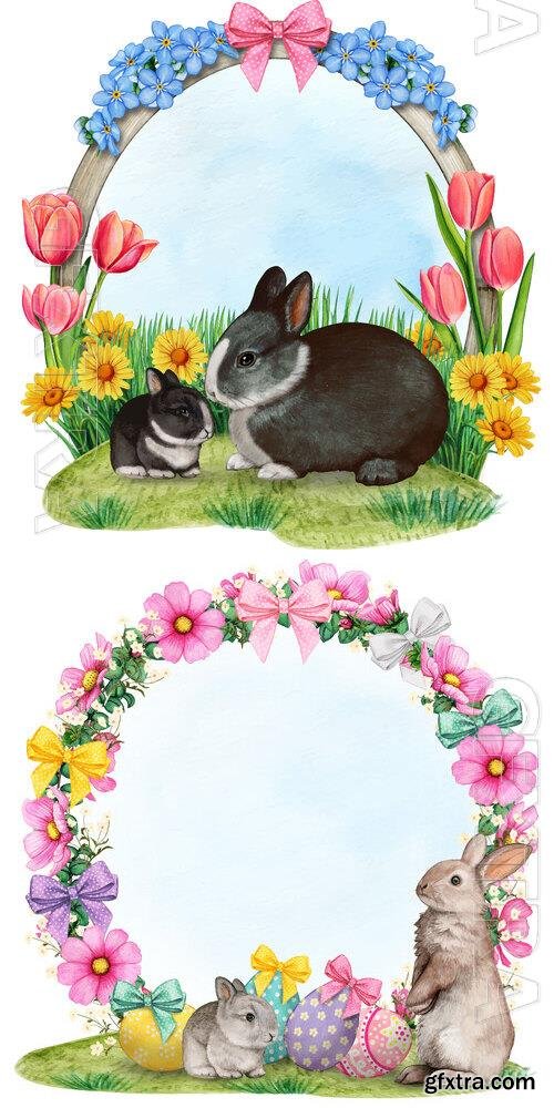 Floral easter wreath with bunnies and eggs - Watercolor vector illustration