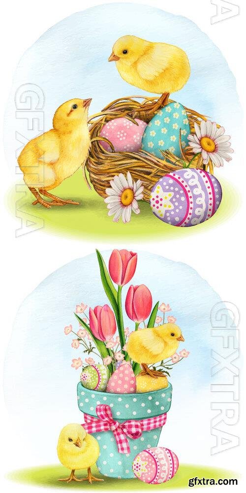 Cute chicken non nest with easter eggs - Watercolor vector illustration