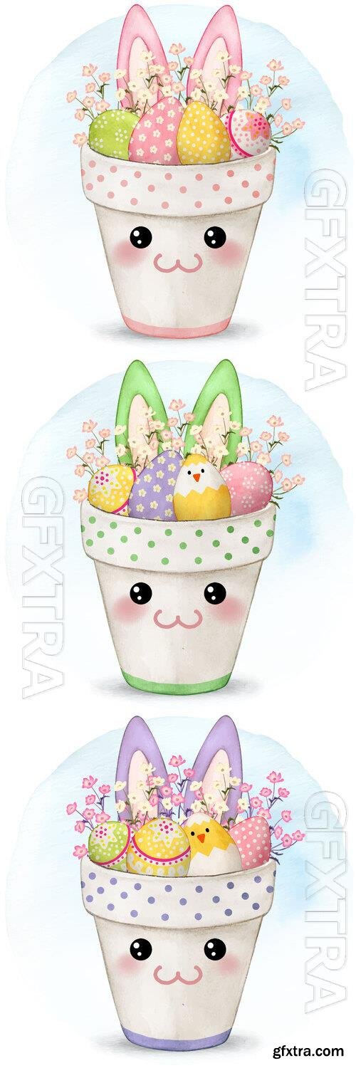 Cute bunny pot full of decorated eggs - Watercolor vector illustration