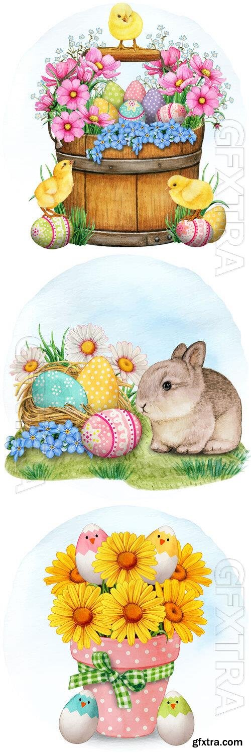 Cute baby rabbit with chickens and eggs - Watercolor vector illustration