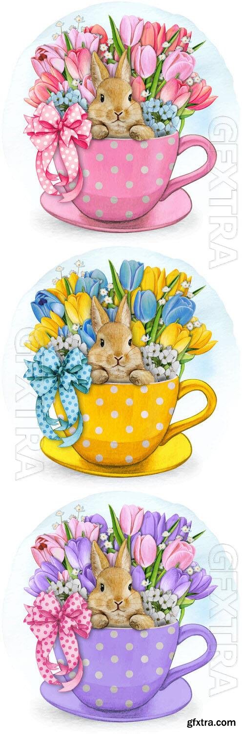 Cup with a bunny and spring flowers in it - Watercolor vector illustration