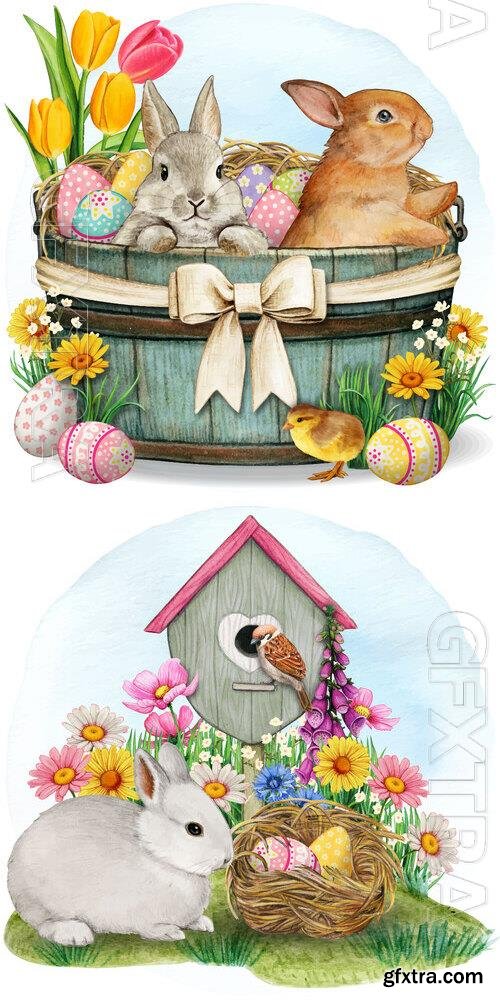 Bunny nest sparrow and birdhouse - Watercolor vector illustration
