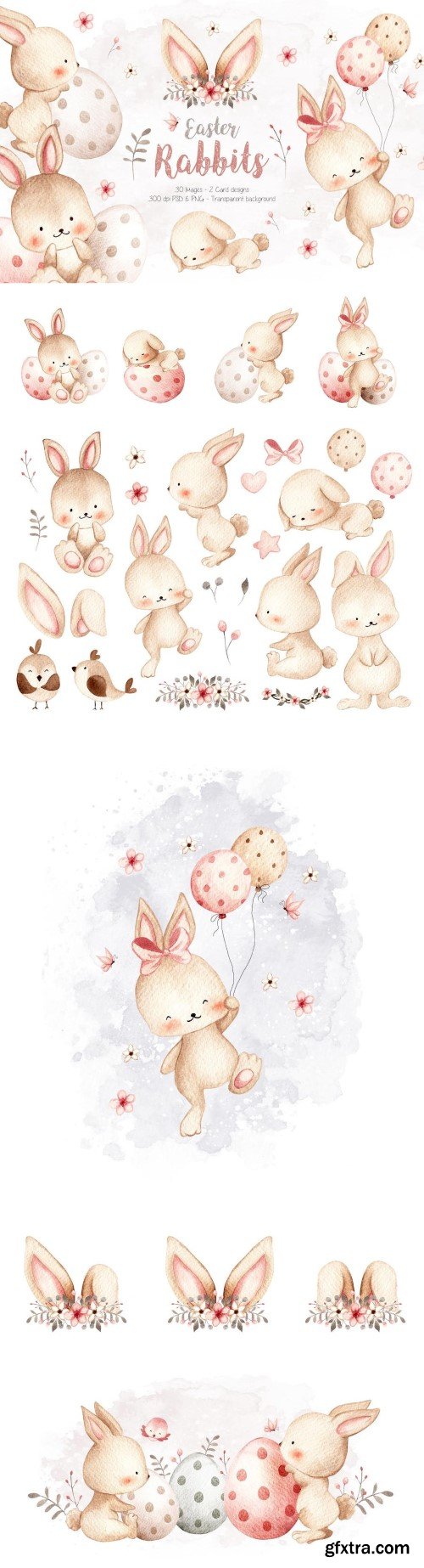 Watercolor Illustration Easter Rabbits and Element
