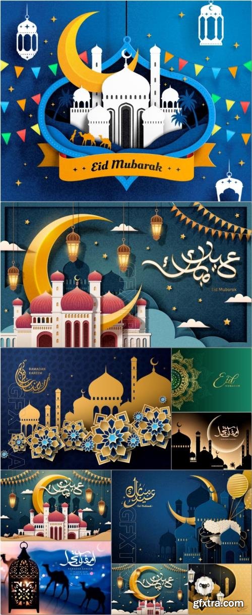 Ramadan, Eid mubarak vector poster design with arabic calligraphy 