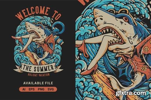 Welcome To The Summer Holiday With Shark Vector