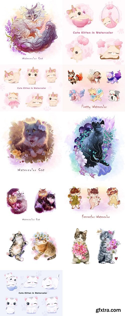 Cute cats in watercolor illustration