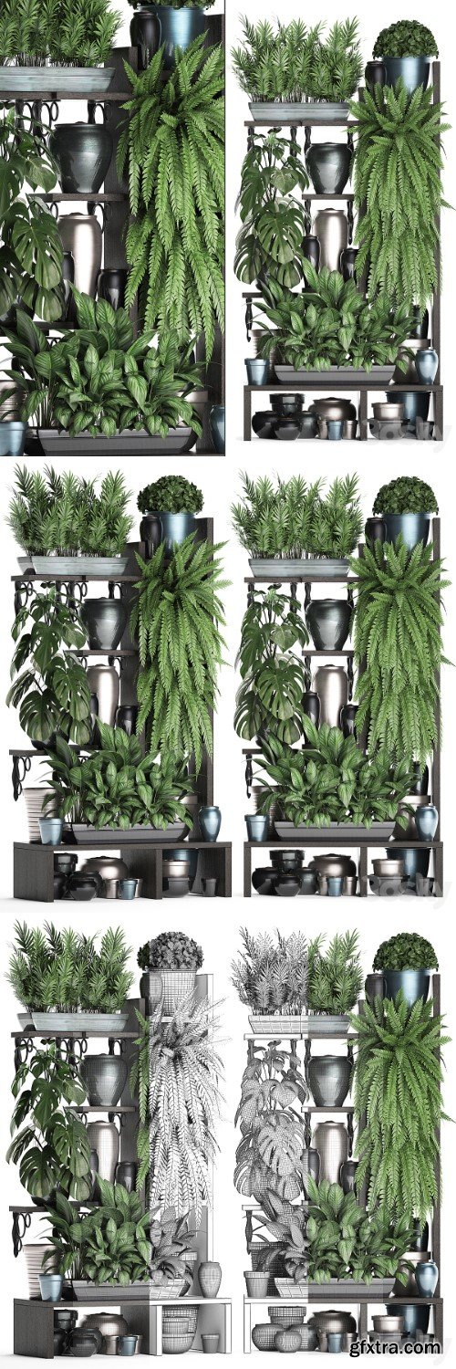 Pro 3DSky - Plant Collection 371. Shelf with flowers, ficus lyrata, monstera, flowerpot, greenery, vertical garden, phytowall, phytomodule, pots, eco design, Scandinavian style