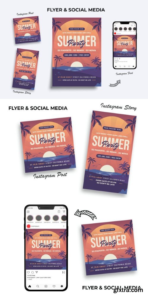 Summer party flyer instagram set template