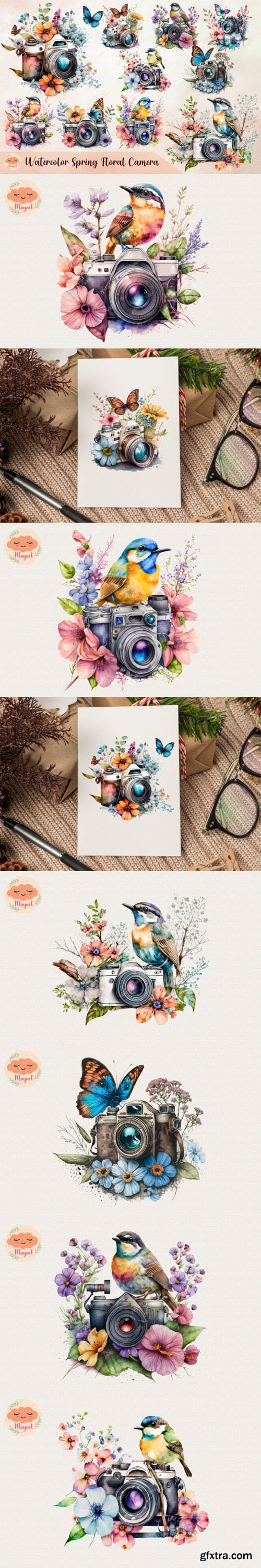 Spring Bundle - Watercolor Floral Camera PNG Clipart