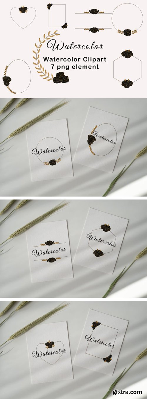 Watercolor Black & Golden Floral Frames PNG Collection