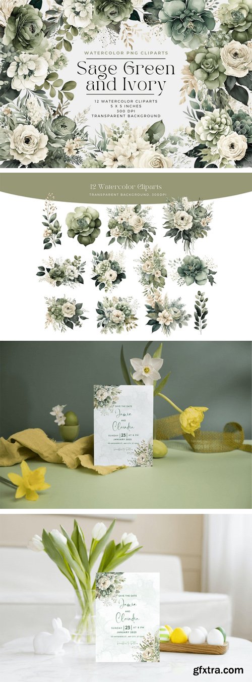 Watercolors Sage Green & Ivory Flowers PNG Collection