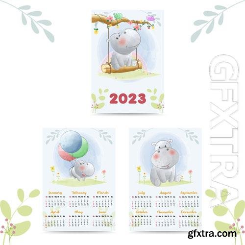 Vector cute hippopotamus calendar 2023