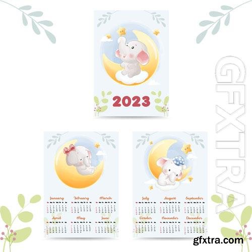 Vector cute elephant calendar cartoon illustration