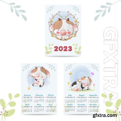 Vector cute cow calendar 2023 watercolor illustration