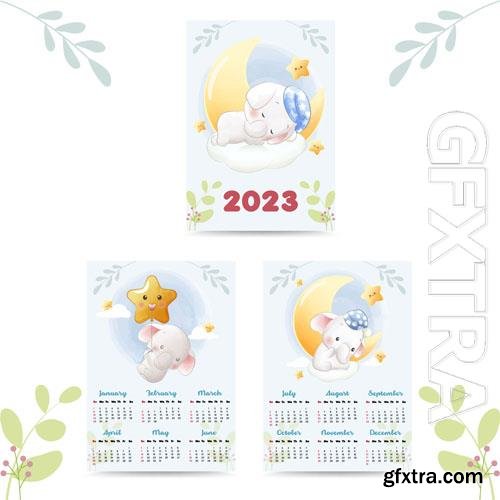 Vector cute calendar 2023 with elephant calf