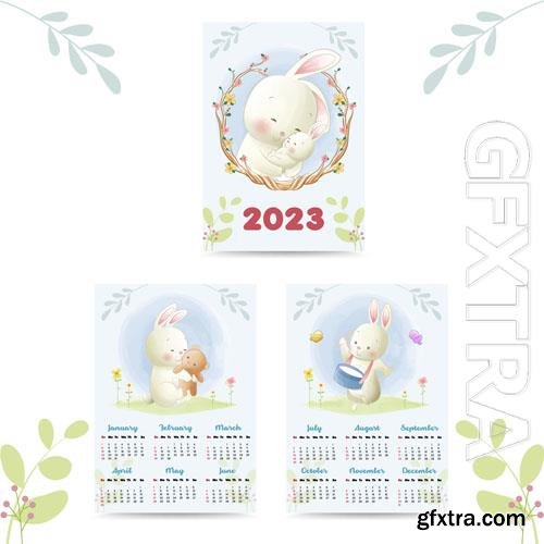 Cute bunny calendar 2023 watercolor illustration