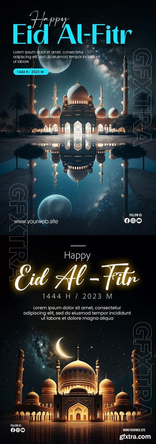 PSD happy eid al fitr poster with mosque and crescent moon background