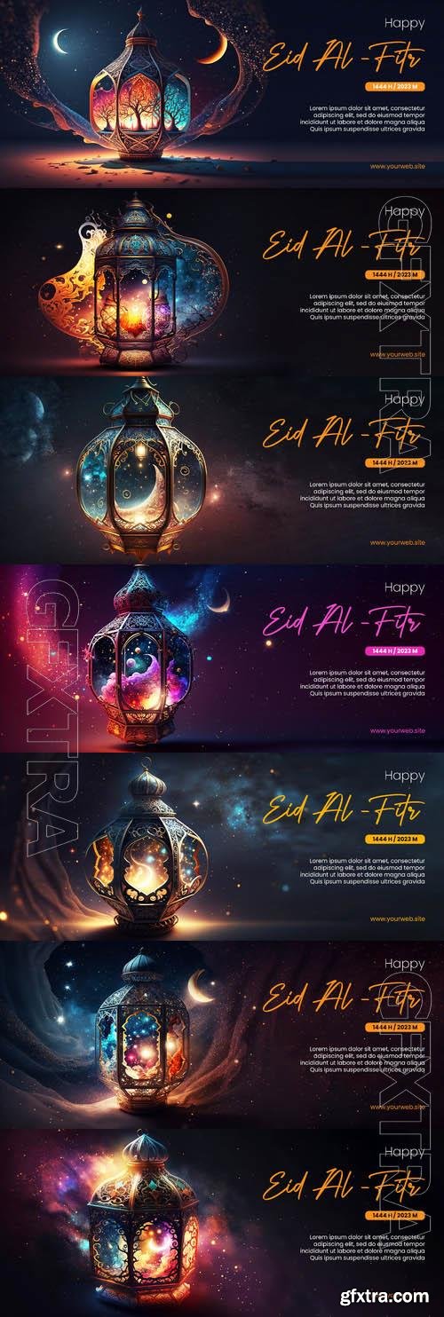 PSD happy eid al fitr poster with arabic lantern background