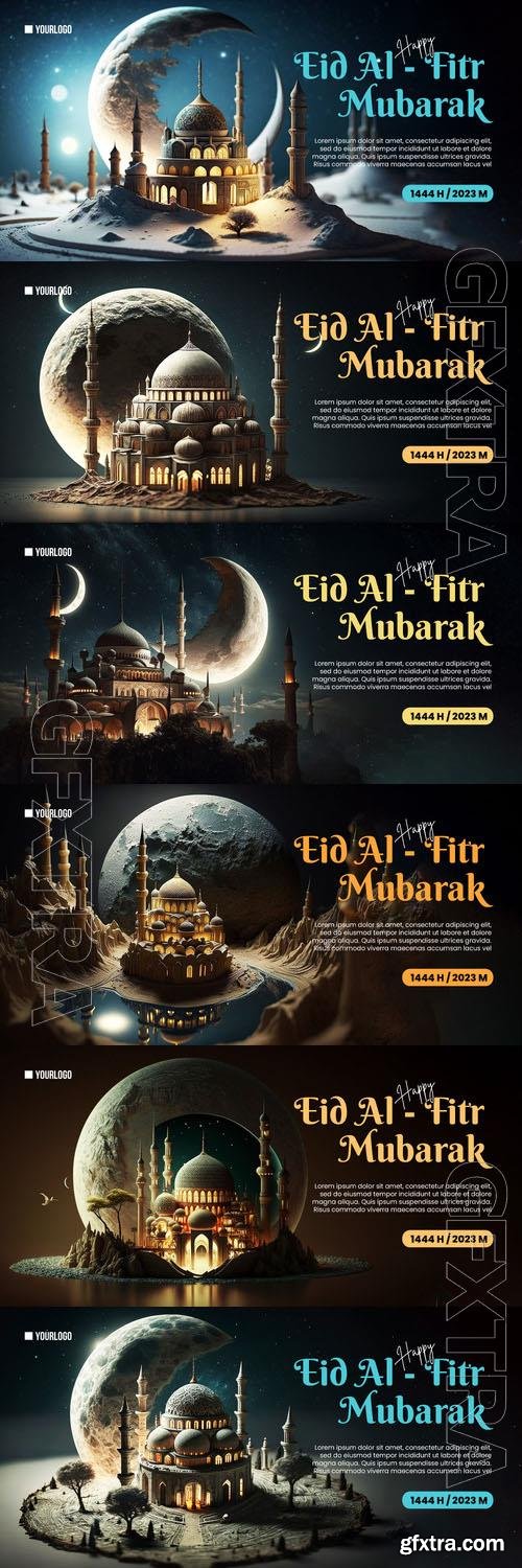 Happy eid alfitr poster with mosque psd banner background