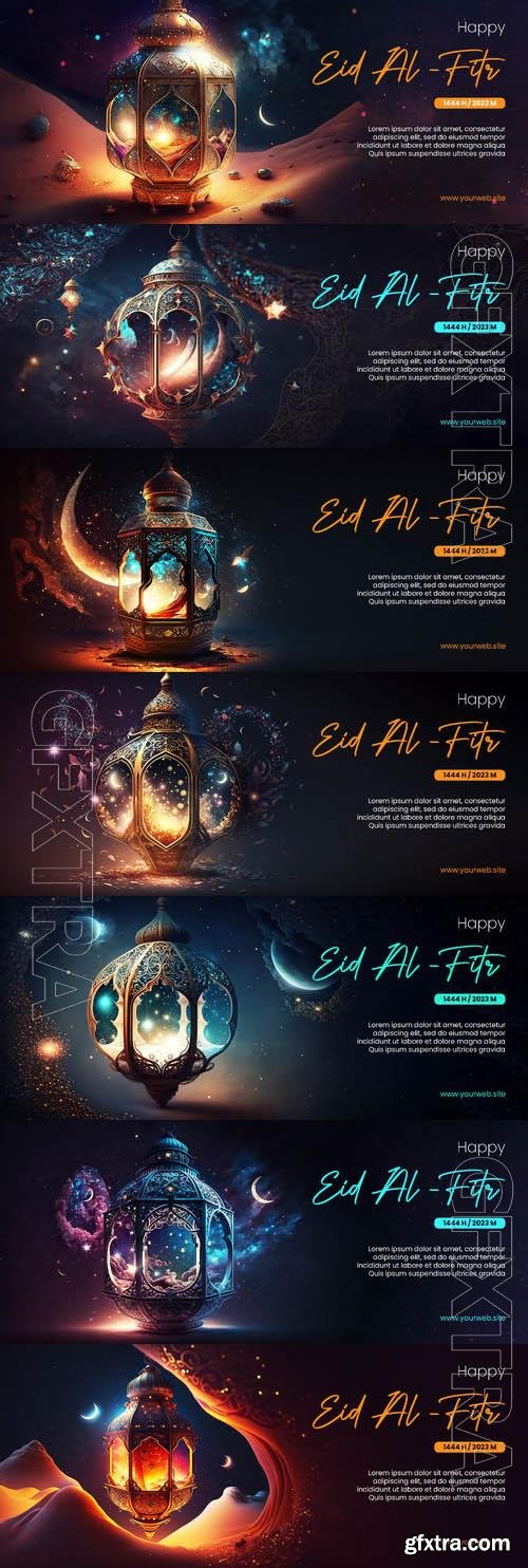 Happy eid al fitr poster with arabic lantern