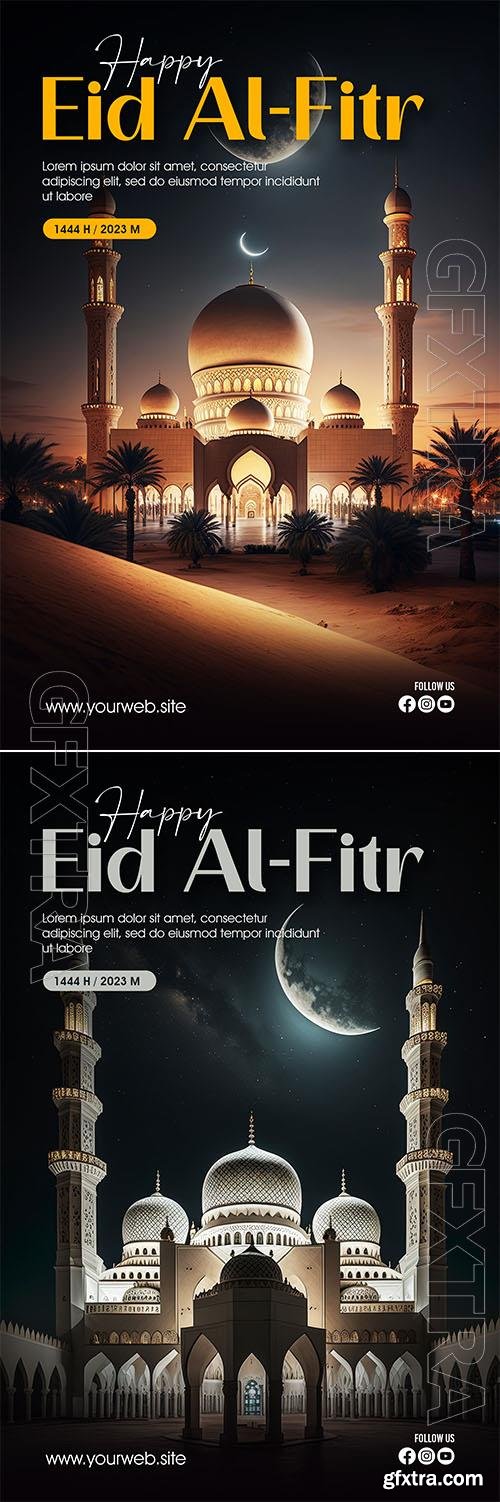 Eid alfitr greeting psd poster with a mosque and moon as a background