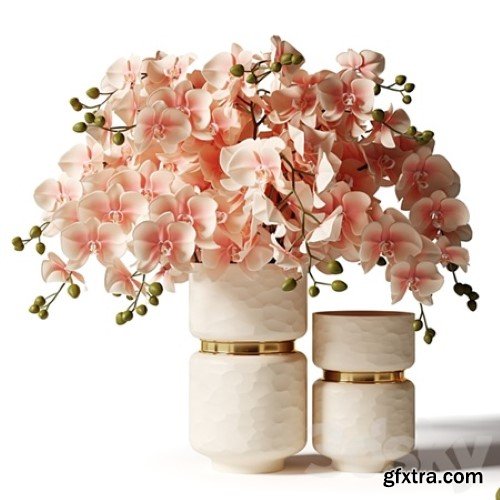 Bouquet of pink orchids in a modern beige vase