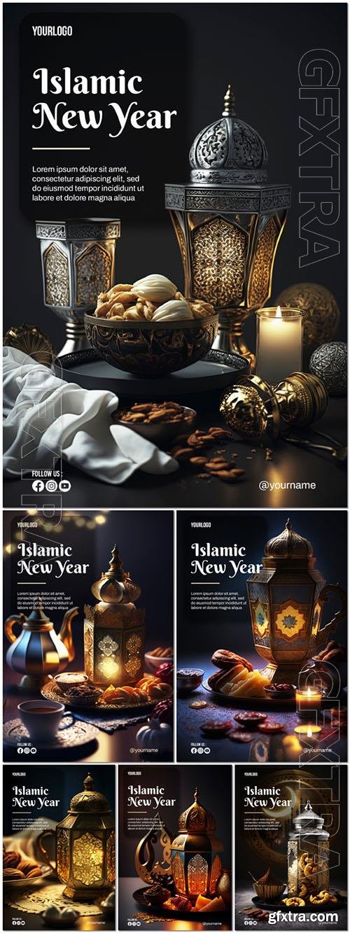 Happy islamic new year psd poster with lantern and dates background