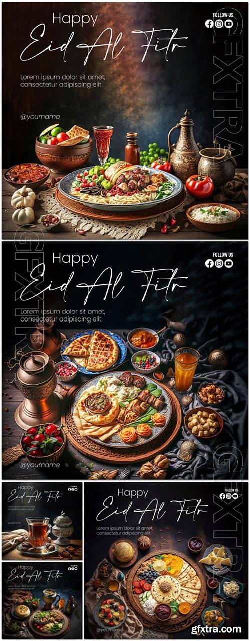 Eid alfitr poster with a background of delicious food and drinks with an islamic theme psd