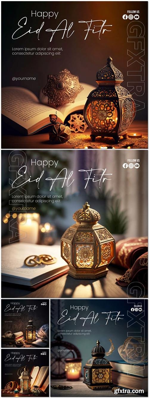 Eid alfitr psd poster with a lamp and a book