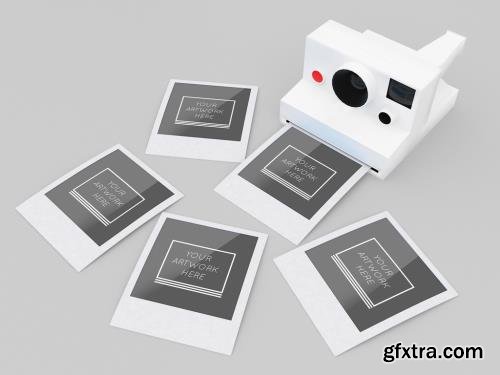 5 Instant Photos Mockup with Camera 381437682