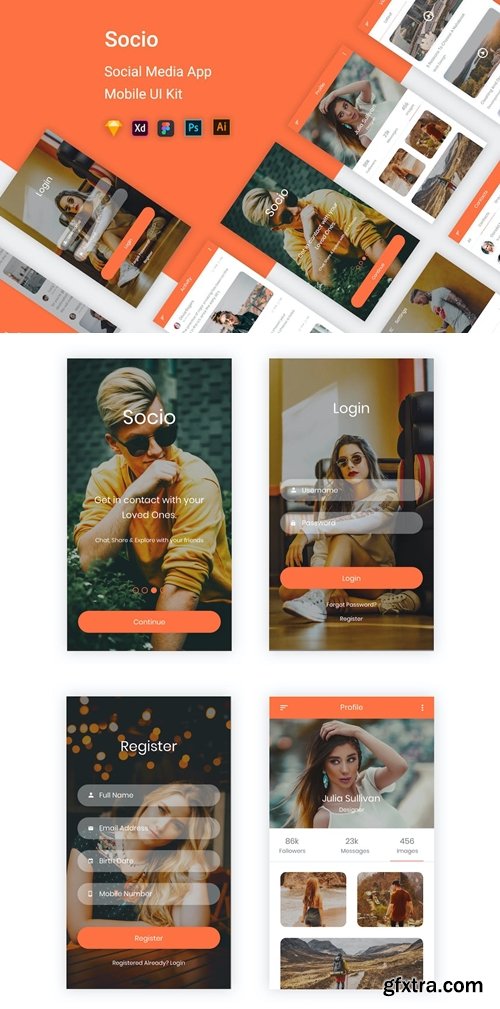 Socio-Social Media Mobile App UI Kit P7ZDF6K