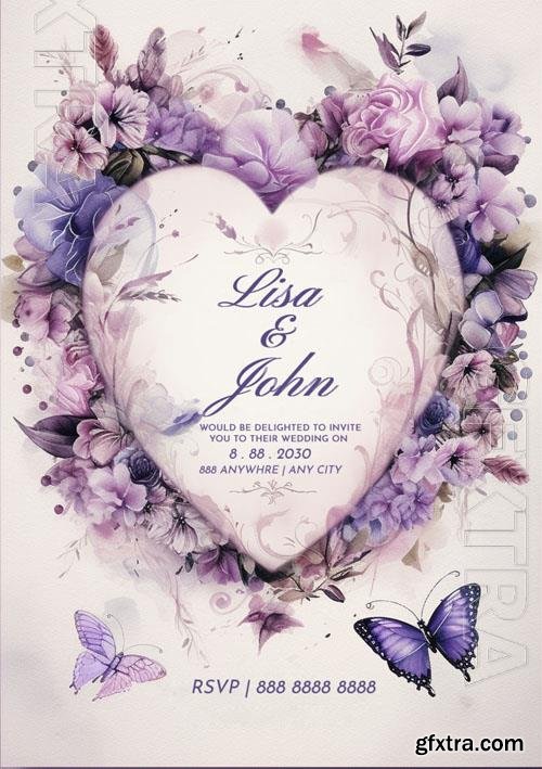 Wedding psd invitation purple heart with purple flowers and a butterfly