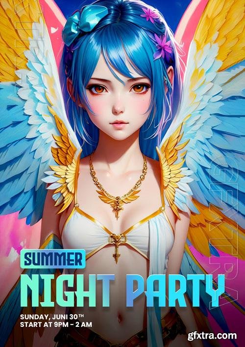 Anime girl with wings on a summer psd background