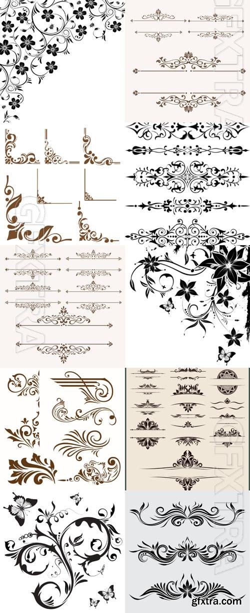 Scrolls, frame, dividers, curls, line, patterns, borders, floral, design elements, calligraphic, ornaments, decorative hand drawn vector set