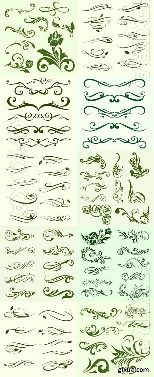 Design elements, frame, dividers, line, patterns, curls, borders, floral, scrolls, calligraphic, ornaments, decorative hand drawn vector set