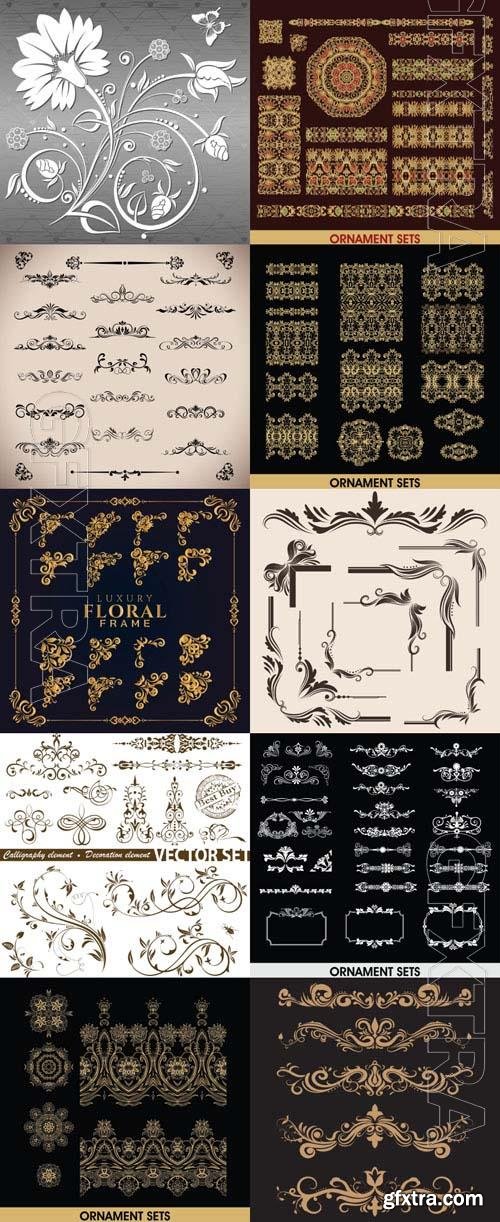 Calligraphic, frame, dividers, line, patterns, borders, curls, scrolls, floral, design elements, ornaments, decorative hand drawn vector set