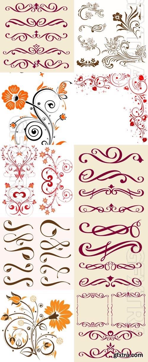 Borders, frame, scrolls, dividers, line, curls, patterns, floral, design elements, calligraphic, ornaments, decorative hand drawn vector set