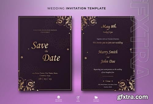 PSD beautiful invitation card templates withgold theme and flowers illustration