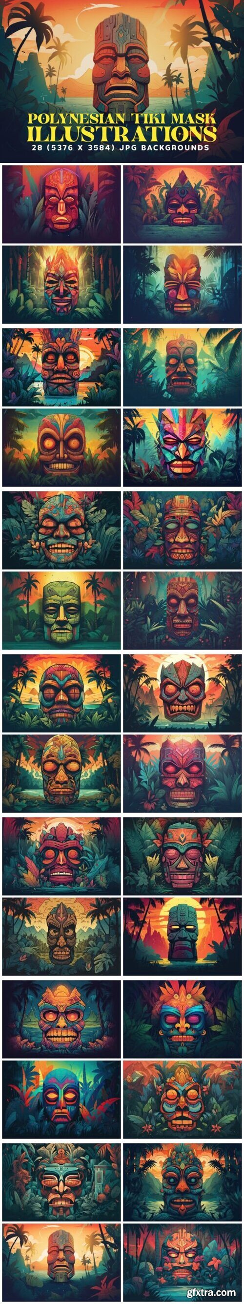 28 Polynesian Tiki Mask Illustrations