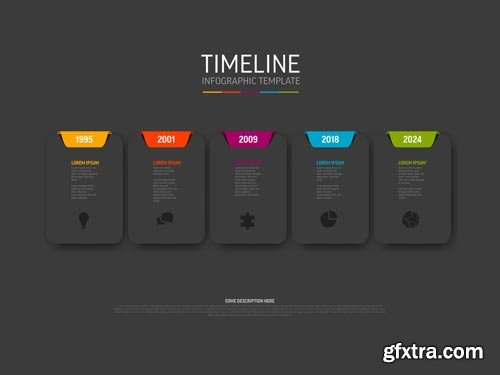 Dark Timeline template with colorful tabs icons and description on dark rounded block cards 596657571