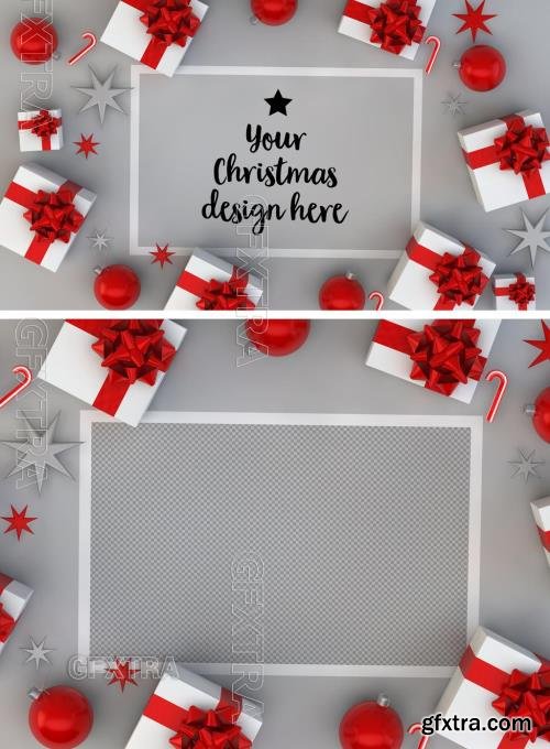 Christmas Card and Gifts on Gray Surface Mockup 230501555
