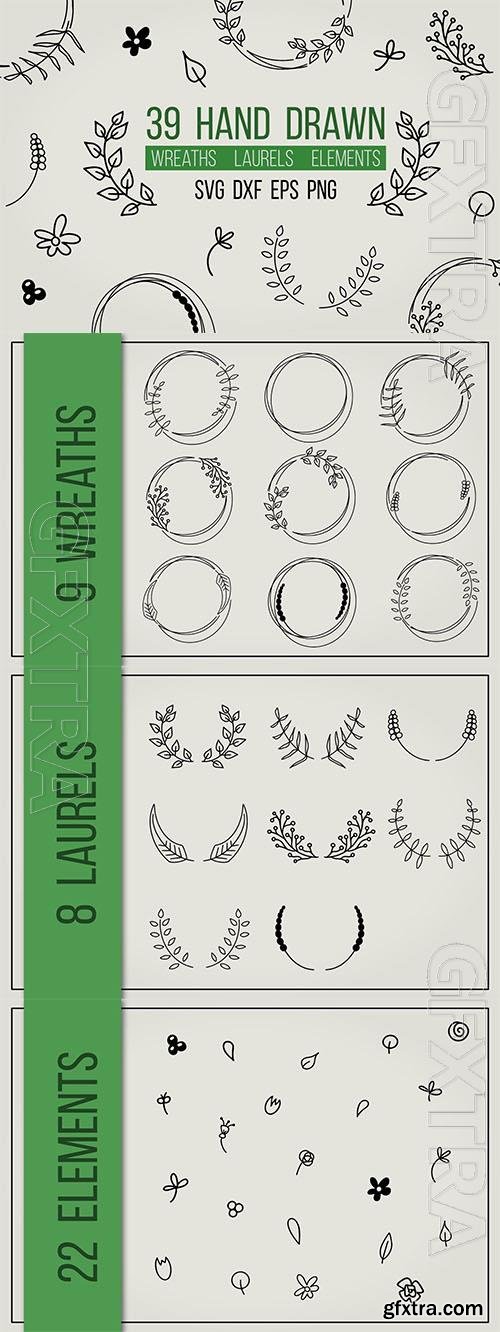 Hand drawn wreaths, laurels bundle design elements