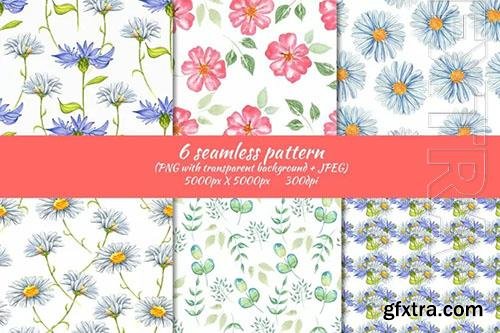 Wildflowers seamless patterns and herbs gentle watercolor