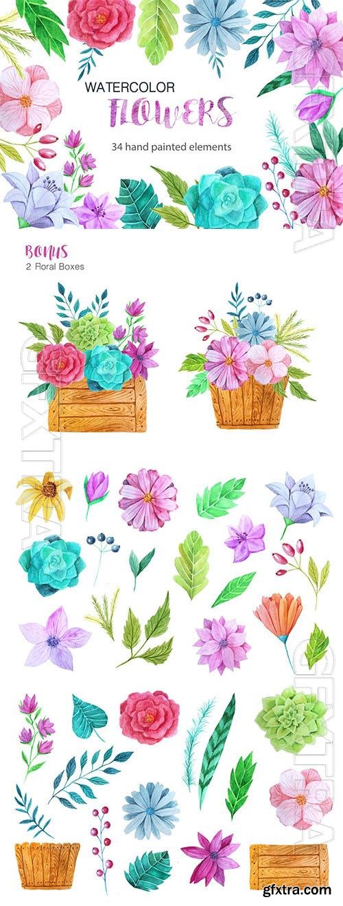 Watercolor flower pack design elements