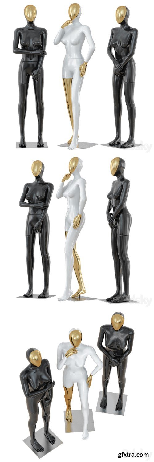 Three female mannequin with a golden face 41