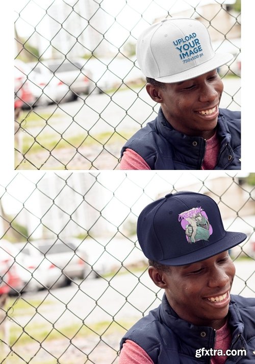 Snapback Hat Mockup of a Smiling Man 5G9FYZL