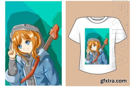 Vector mockup t-shirt guitarist anime girl