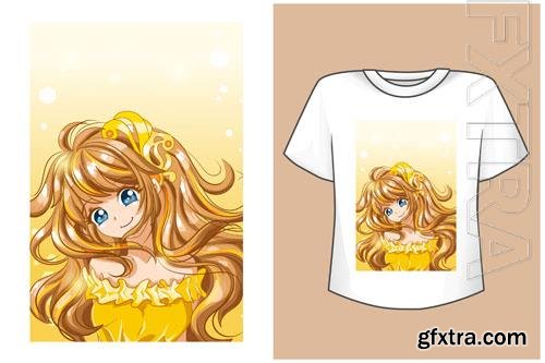 Vector mockup t-shirt beautiful anime princess yellow dress